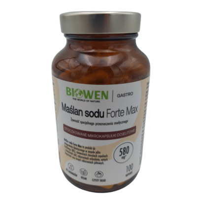 Maślan Sodu Forte Max 580 mg Biowen 100 kapsułek mikrokapsułki dojelitowe z kwasem masłowym w szklanym słoiku