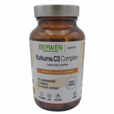 Biowen Kurkuma C3 Complex+ z piperyną BioPerine i imbirem, 60 kapsułek wegańskich w szklanym słoiku