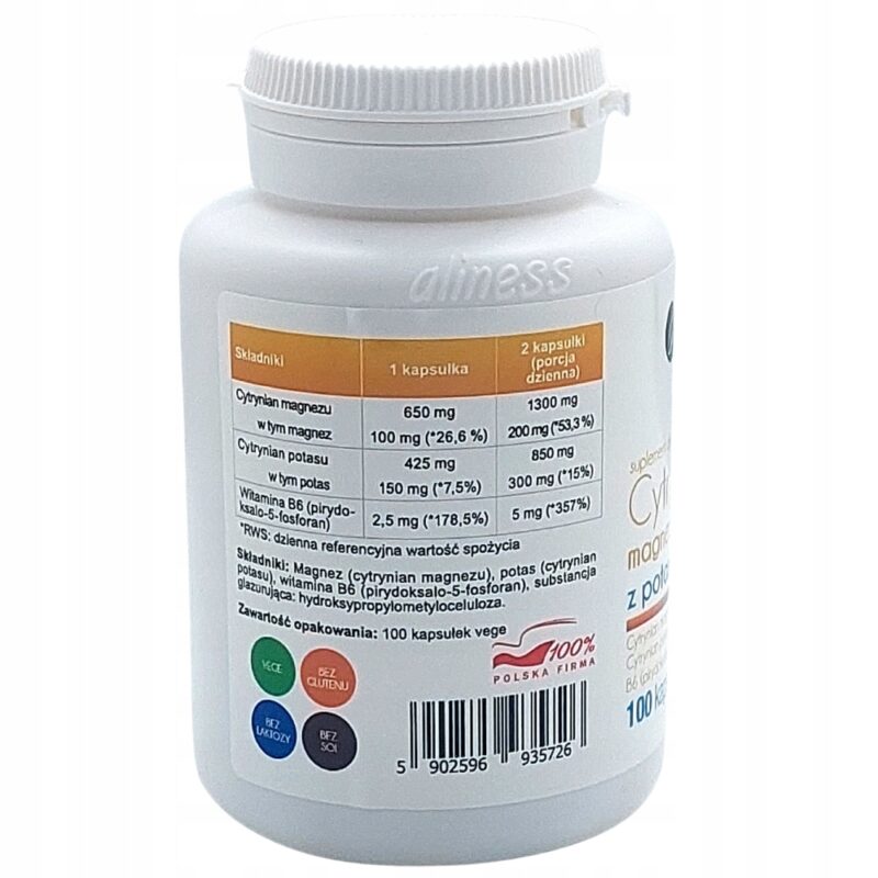 Aliness cytrynian magnezu 100 mg z potasem 150mg i B6 2,5mg 100kap - obrazek 2