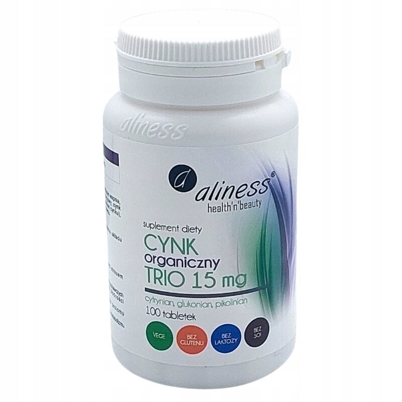 Aliness Cynk Organiczny Trio 15mg x 100 wsparcie odporności, skóry i włosów