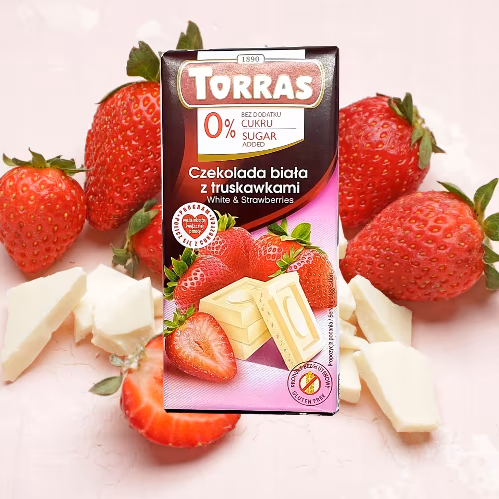 Czekolada Biała z Truskawkami bez Cukru 75g Torras Bez Glutenu - obrazek 3