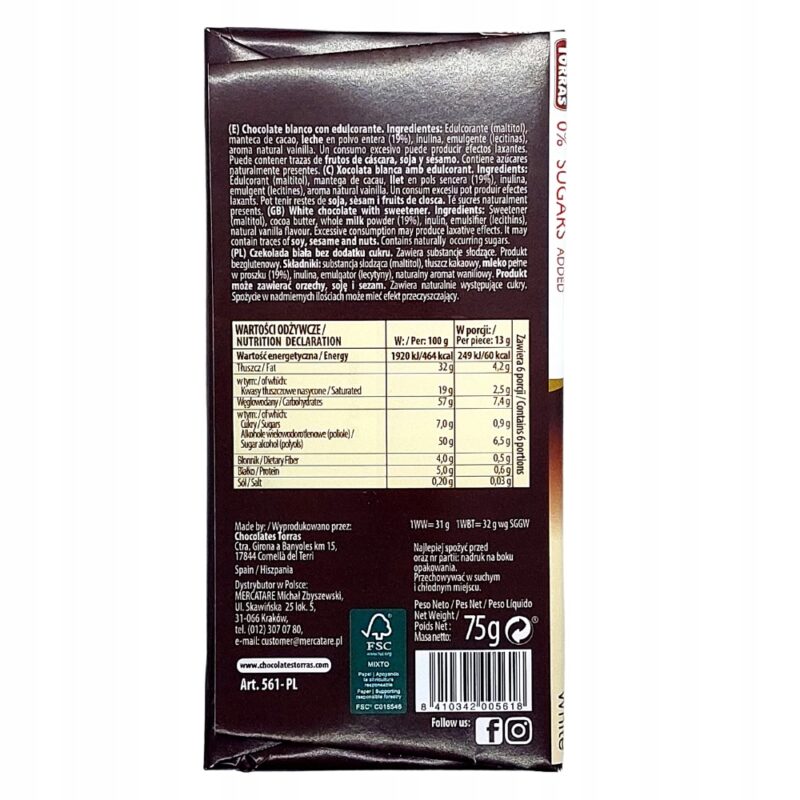 Czekolada biała Torras bez dodatku cukru 75g Bez barwników i glutenu - obrazek 3
