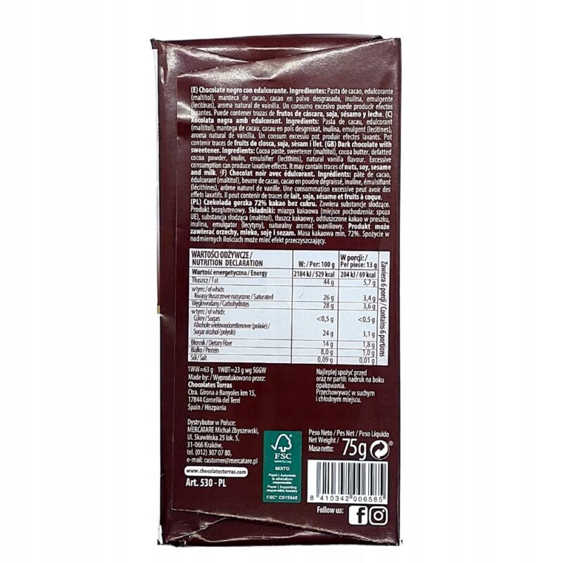 Czekolada gorzka 72% kakao bez cukru I glutenu 75g Torras - obrazek 3