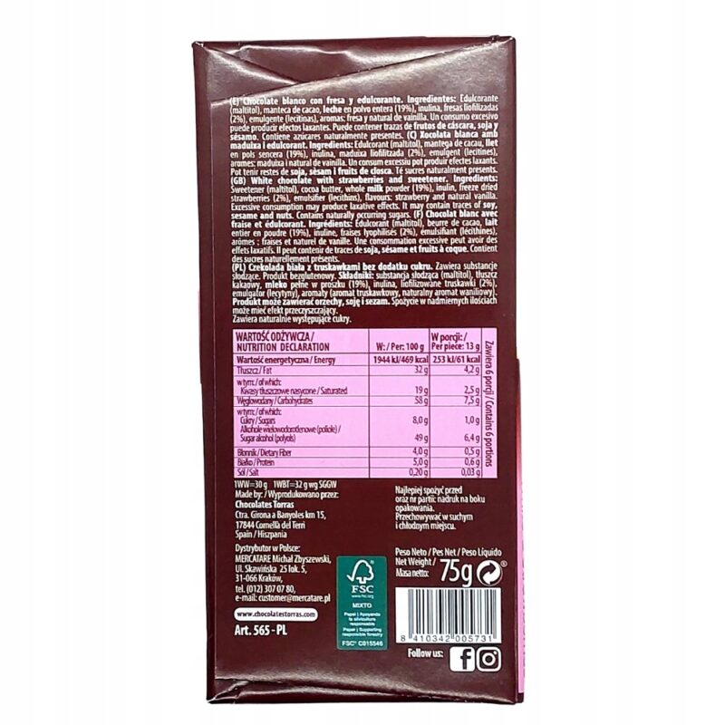 Czekolada Biała z Truskawkami bez Cukru 75g Torras Bez Glutenu - obrazek 4