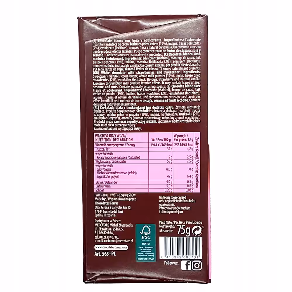 Czekolada Biała z Truskawkami bez Cukru 75g Torras Bez Glutenu - obrazek 4