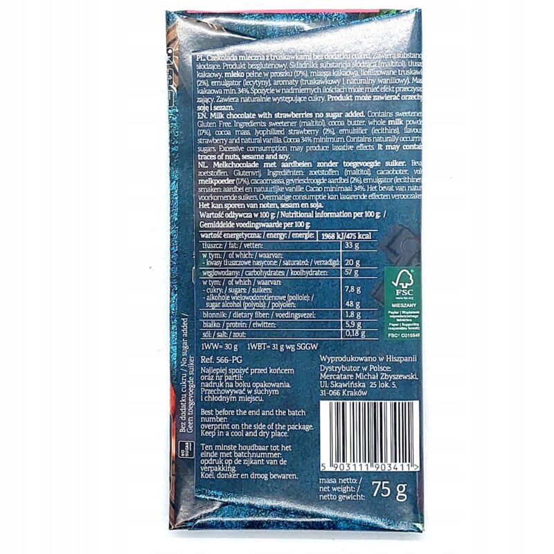 Czekolada mleczna z truskawkami Pure Good 75 g Bez dodatku cukru i glutenu - obrazek 4