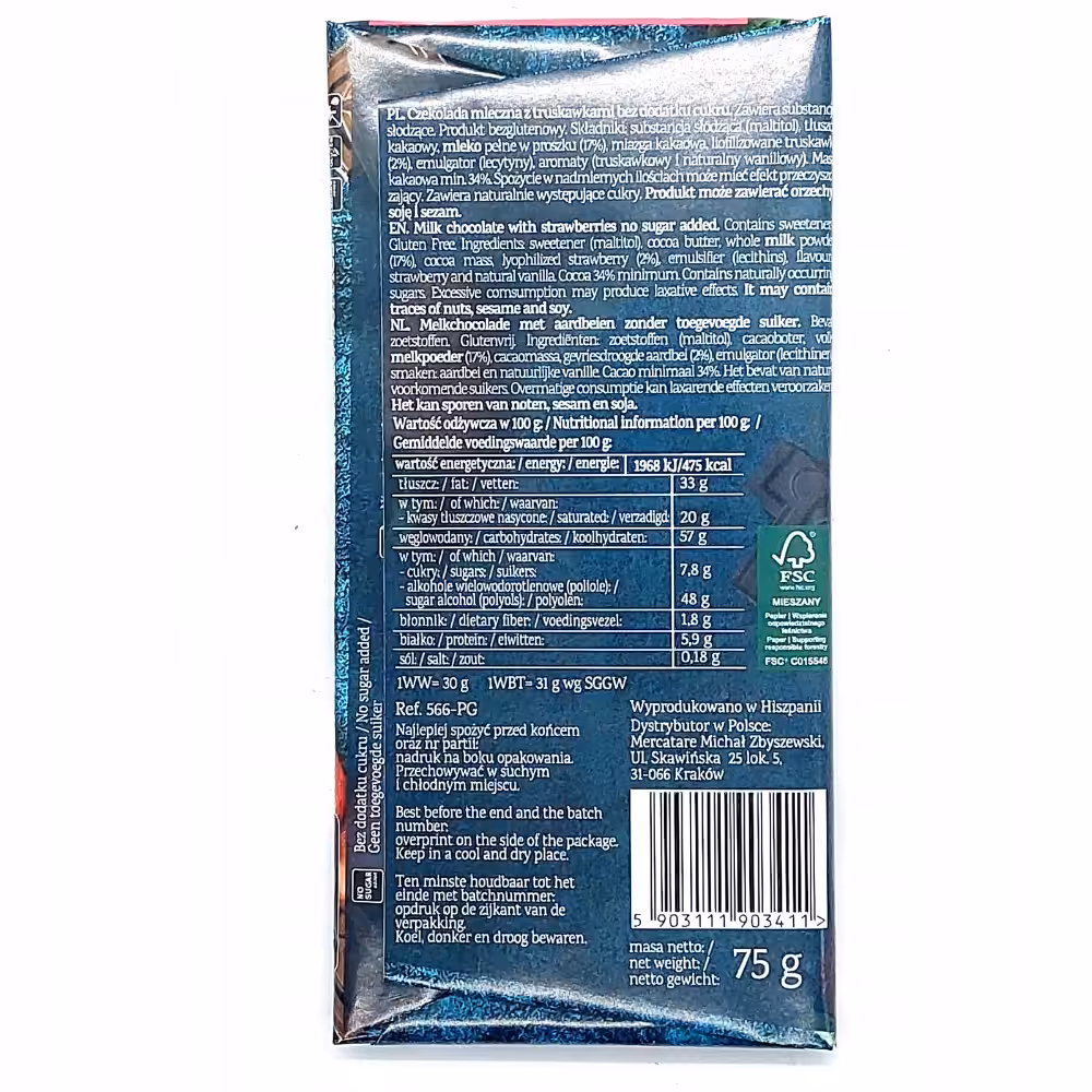Czekolada mleczna z truskawkami Pure Good 75 g Bez dodatku cukru i glutenu - obrazek 4