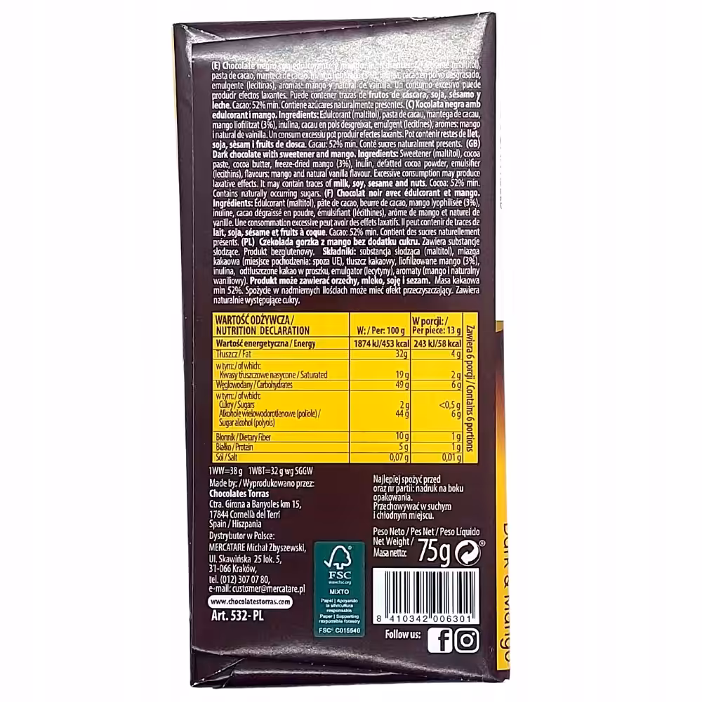 Czekolada gorzka z mango bez cukru 75g Torras Bez dodatku cukru - obrazek 2