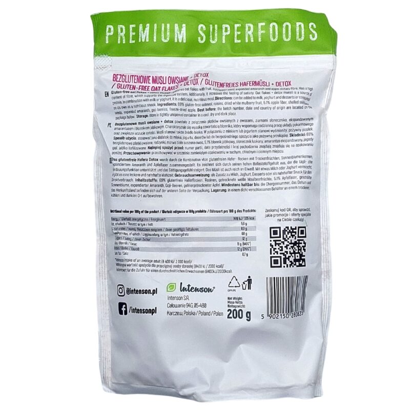 Intenson Bezglutenowe musli + Detox 200g Płatki owsiane owoce i ziarna - obrazek 4