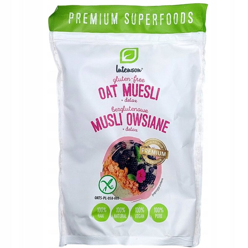 Intenson Bezglutenowe musli + Detox 200g Płatki owsiane owoce i ziarna