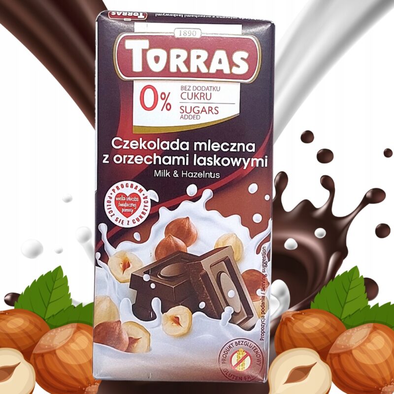 Czekolada mleczna Torras z orzechami laskowymi 75g Bez oleju palmowego