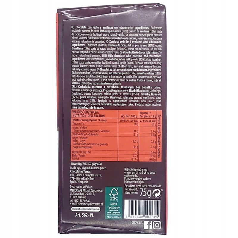 Czekolada mleczna Torras z orzechami laskowymi 75g Bez oleju palmowego - obrazek 4