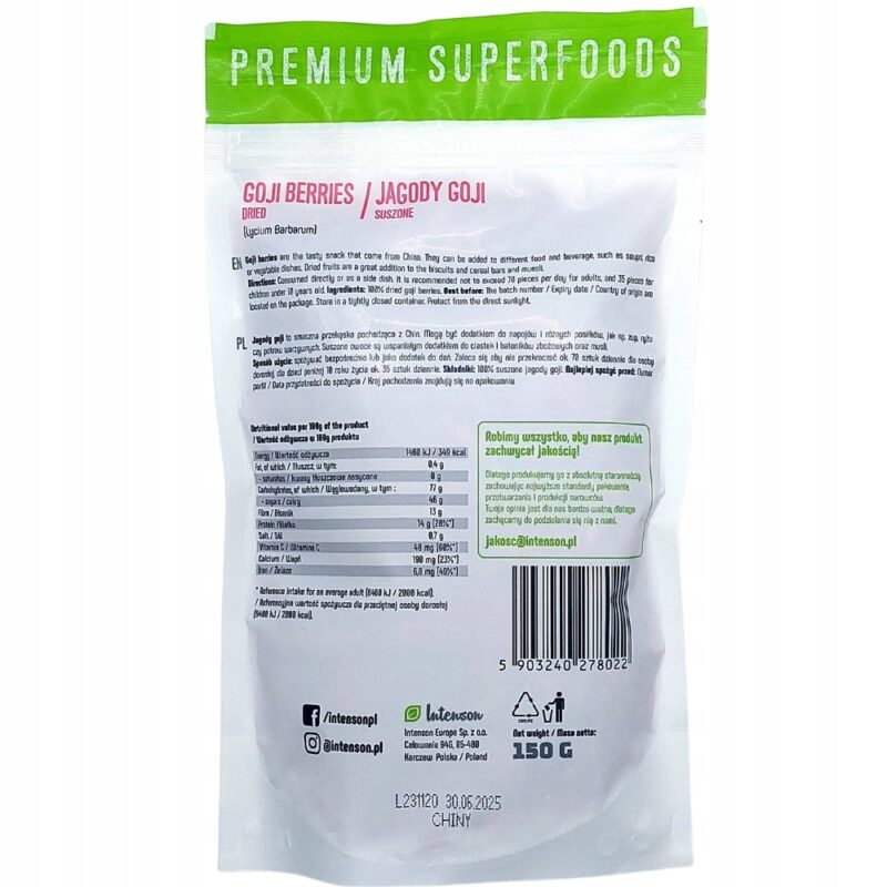 Intenson Jagody goji suszone 150g Superfoods - obrazek 4