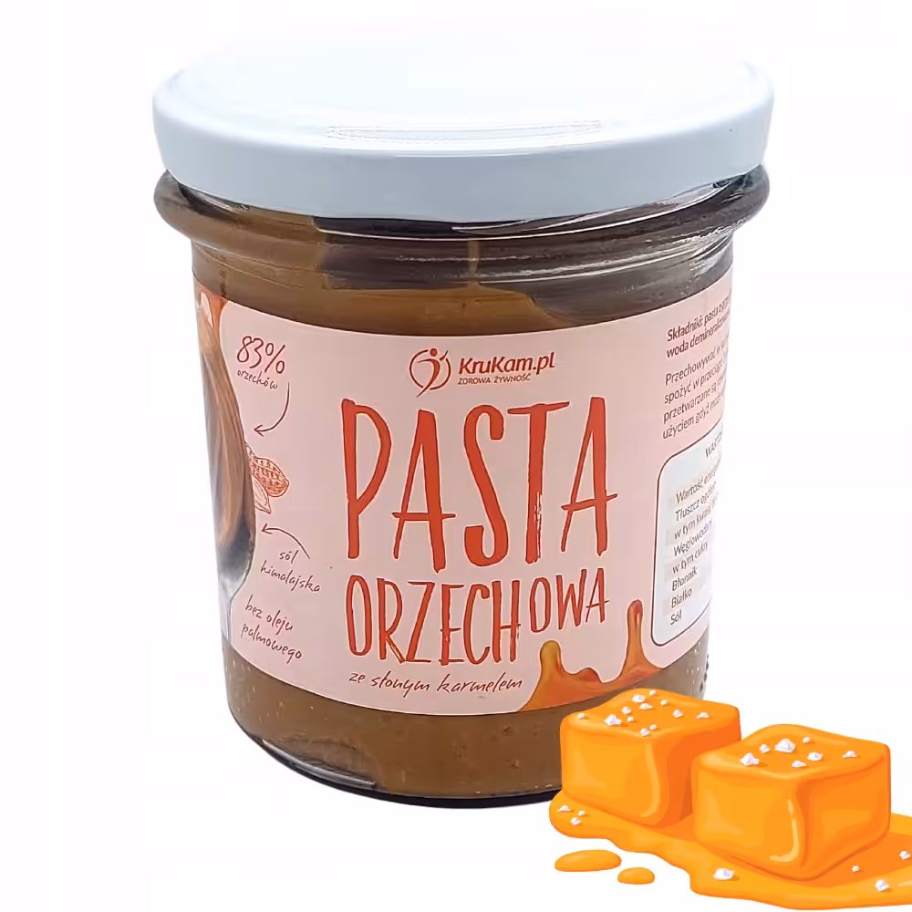 Pasta orzechowa Krukam Słony karmel 300g Połączenie karmelu z solą