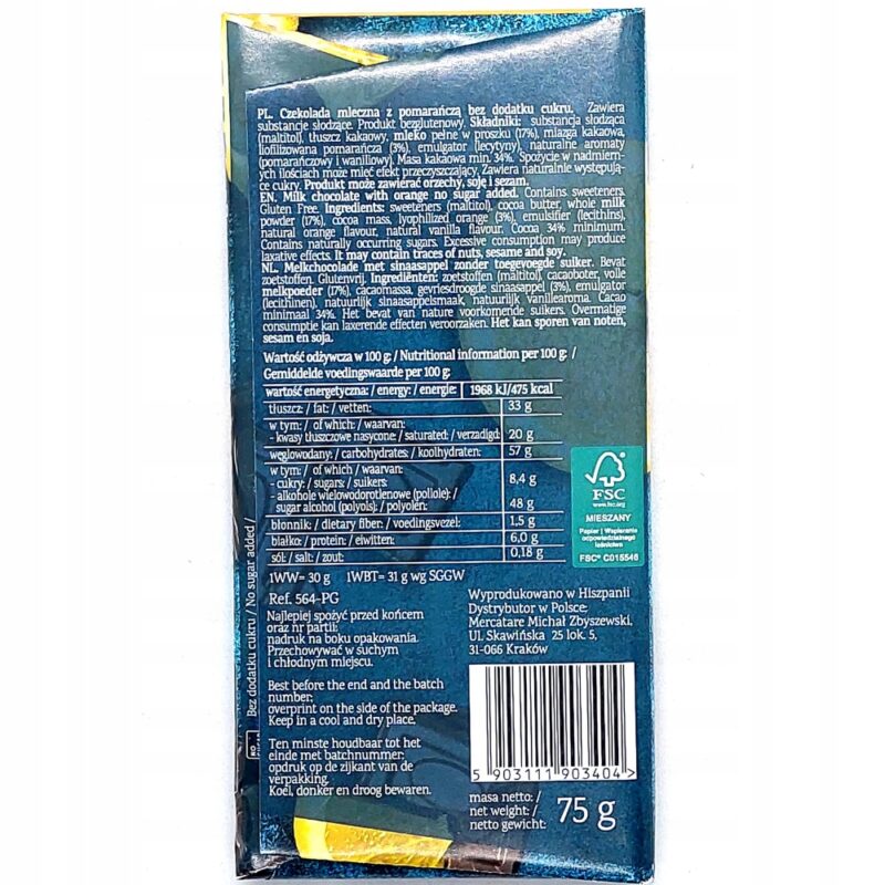 Czekolada mleczna z pomarańczą PURE GOOD 75g Bez dodatku cukru i glutenu - obrazek 4