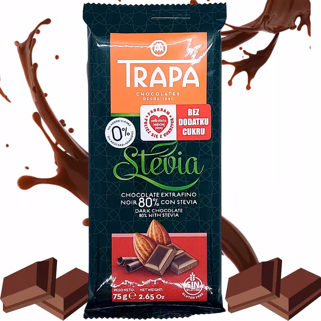 Czekolada gorzka 80% kakao ze stewią, bez dodatku cukru, 75 g - Trapa