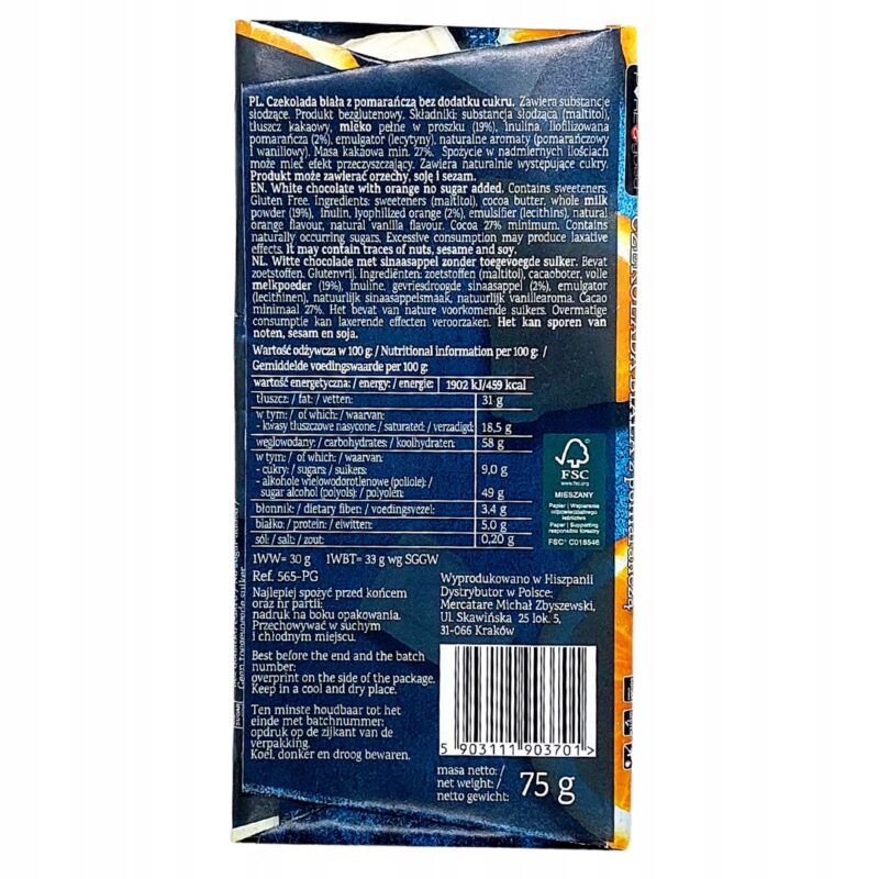 Czekolada Biała Pure Good z Pomarańczą Bez Cukru 75g - Bezglutenowa - obrazek 4