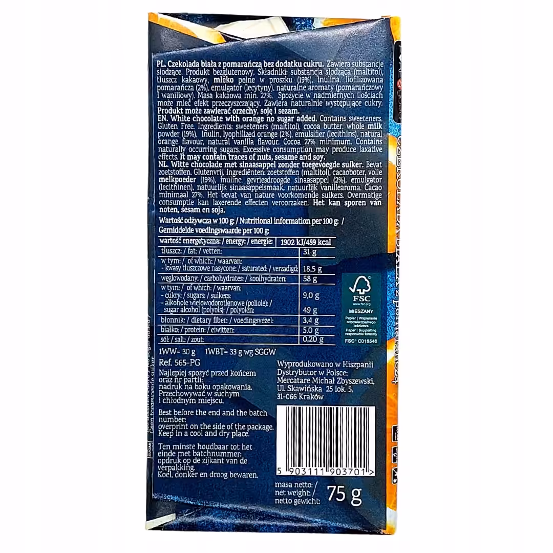 Czekolada Biała Pure Good z Pomarańczą Bez Cukru 75g - Bezglutenowa - obrazek 4