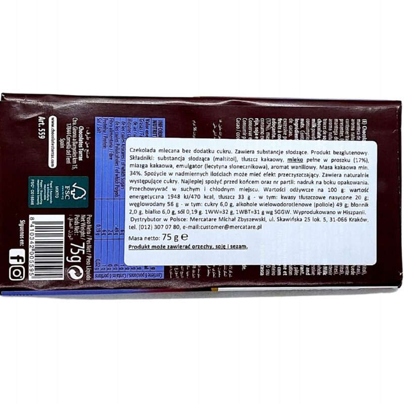Czekolada Mleczna Torras Bez Cukru 75g - Bezglutenowa Przekąska - obrazek 4