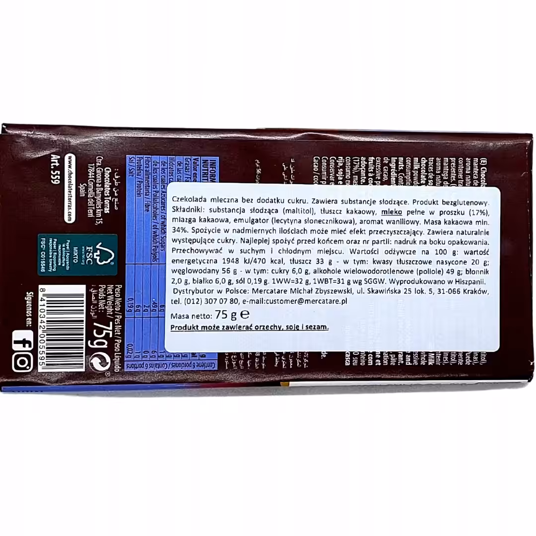 Czekolada Mleczna Torras Bez Cukru 75g - Bezglutenowa Przekąska - obrazek 4