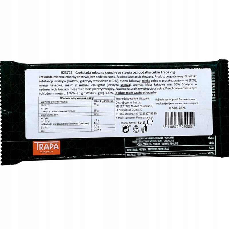 Czekolada Mleczna Crunchy Trapa ze Stewią Bez Cukru Bezglutenowa 75g - obrazek 4
