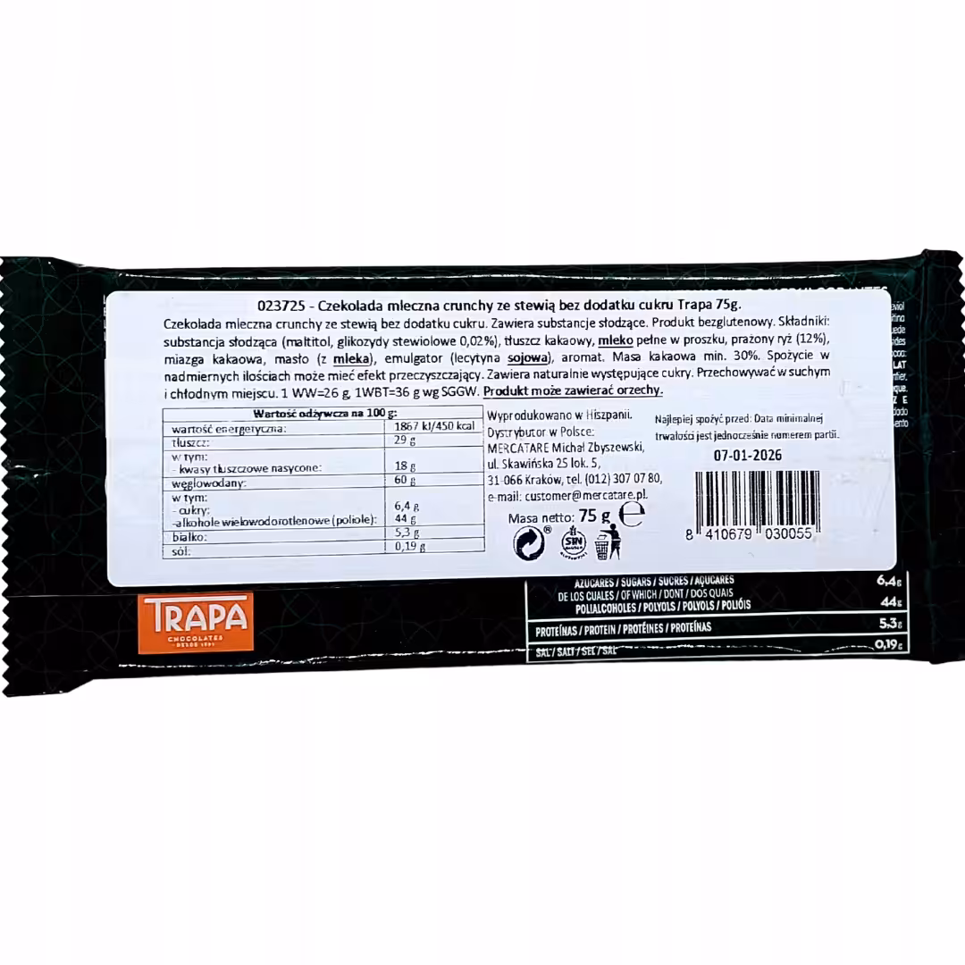 Czekolada Mleczna Crunchy Trapa ze Stewią Bez Cukru Bezglutenowa 75g - obrazek 4