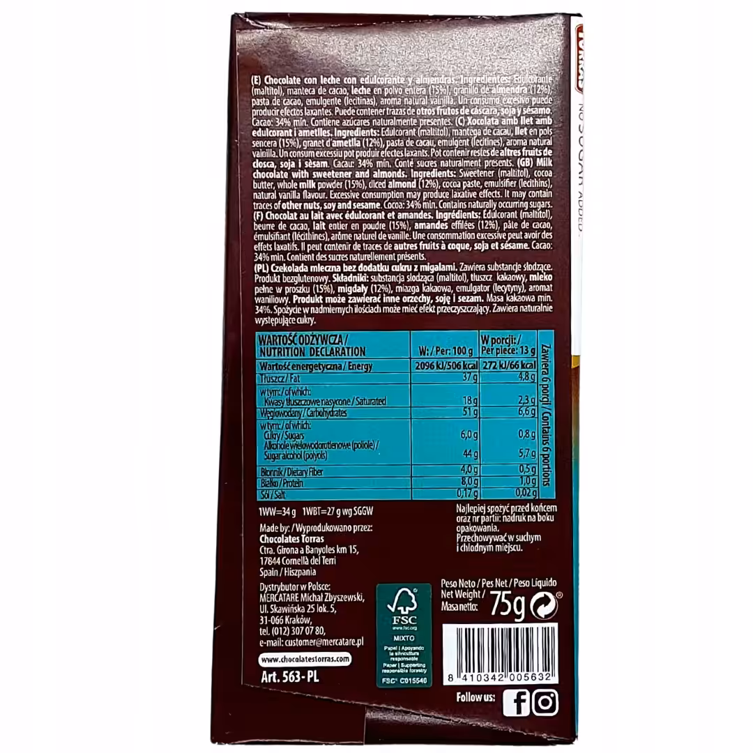 Czekolada Mleczna z Migdałami Torras Bez Cukru i Glutenu 75g - obrazek 2