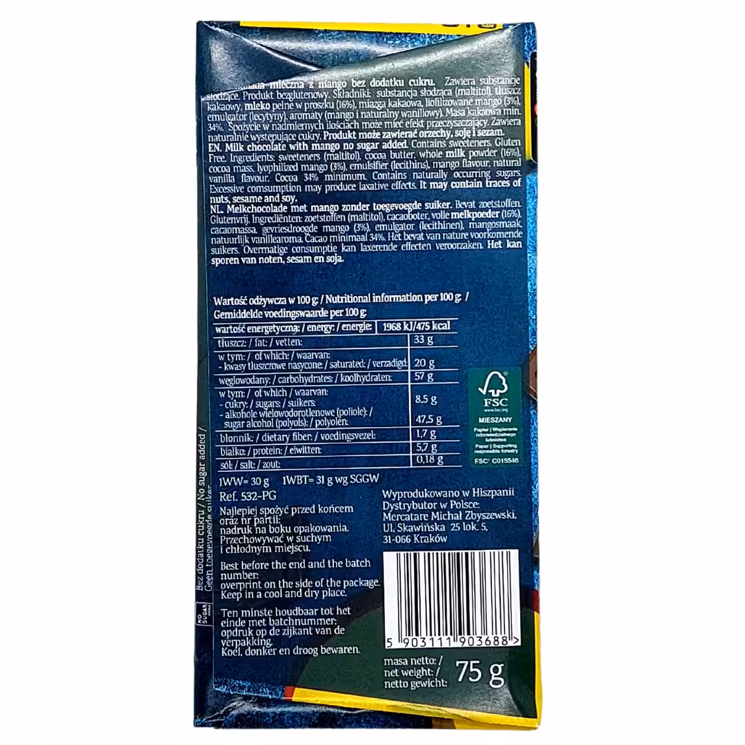 Czekolada Mleczna z Mango Pure Good Bez Cukru i Glutenu 75g - obrazek 3