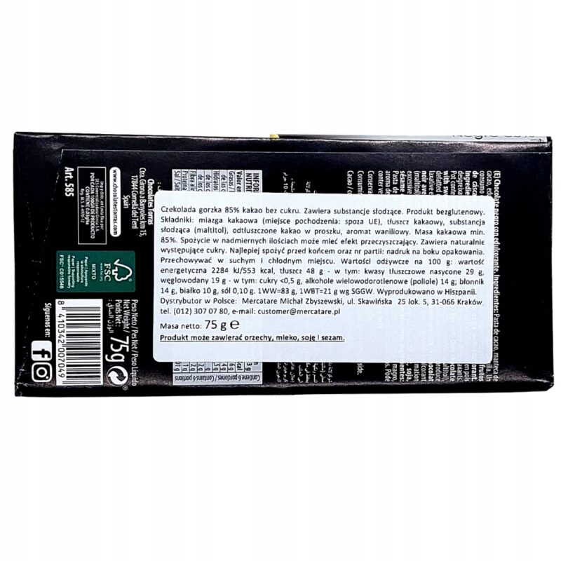 Czekolada gorzka 85 kakao czekolada bez cukru Torras 75g Negro Dark - obrazek 3