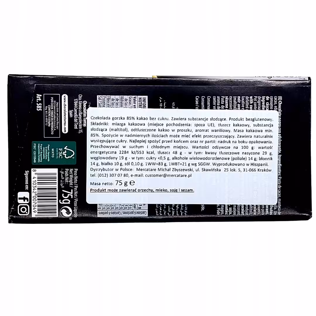 Czekolada gorzka 85 kakao czekolada bez cukru Torras 75g Negro Dark - obrazek 3