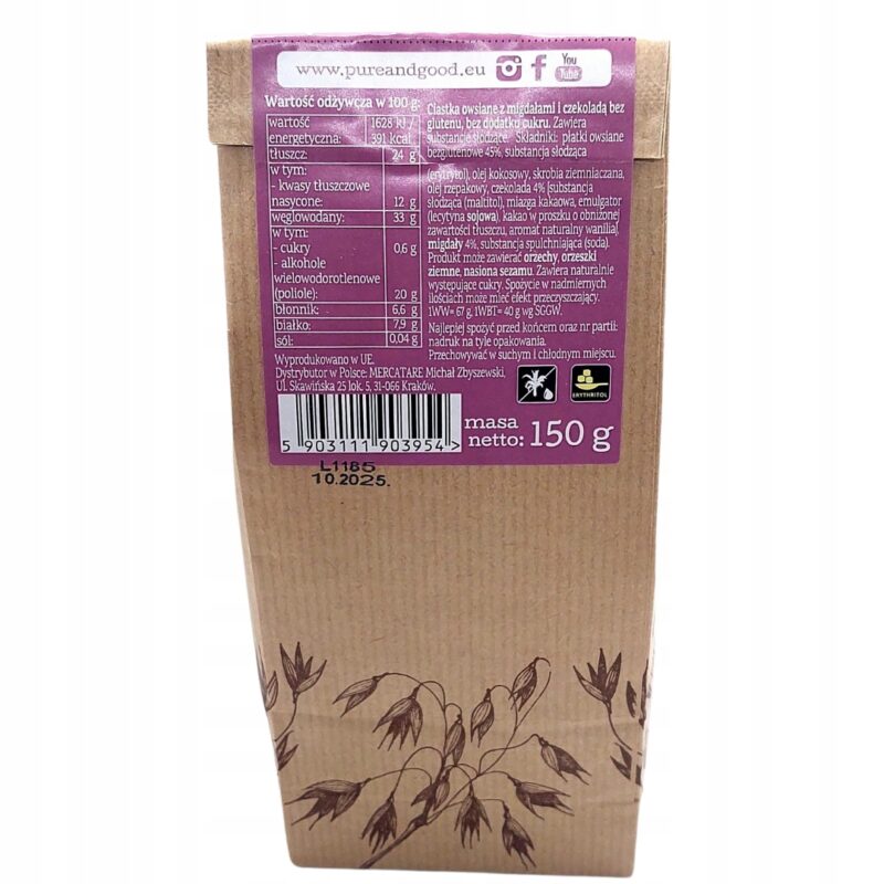 PURE&GOOD Ciastka Owsiane z Czekoladą i Migdałami bez cukru glutenu 150G - obrazek 3