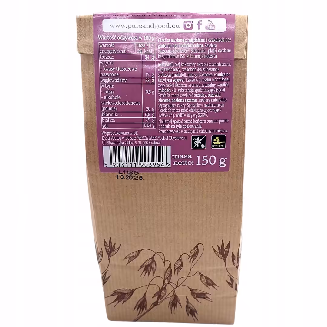 PURE&GOOD Ciastka Owsiane z Czekoladą i Migdałami bez cukru glutenu 150G - obrazek 3