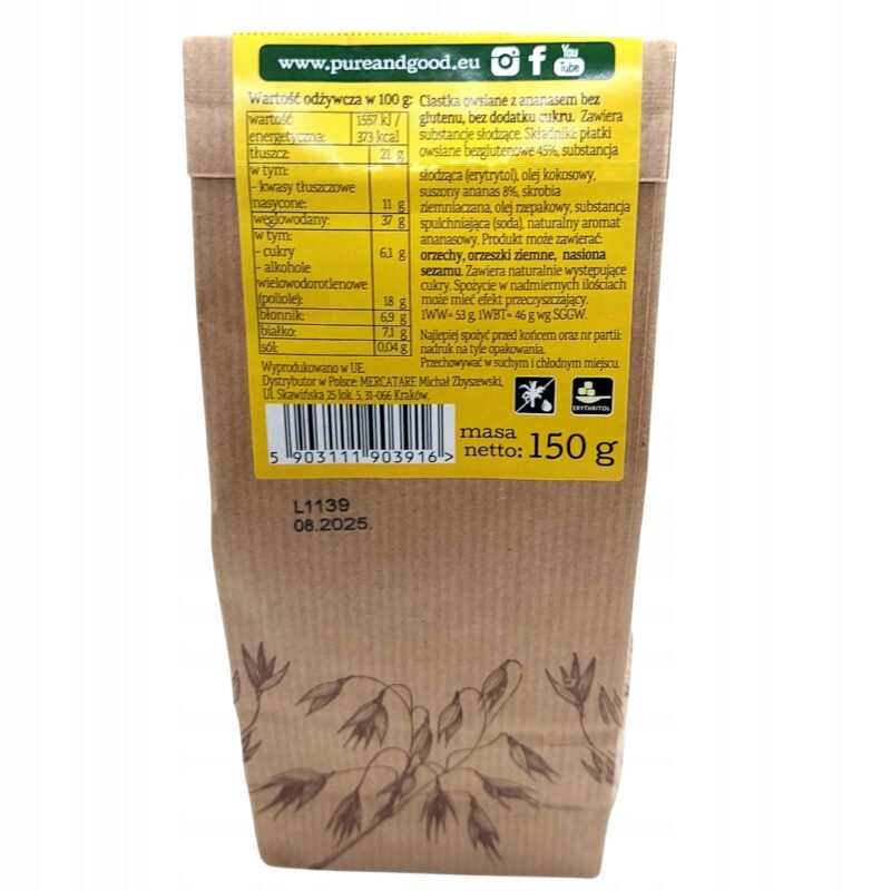 PURE&GOOD Ciastka Owsiane z Ananasem bez dodatku cukru i bez glutenu 150G - obrazek 4