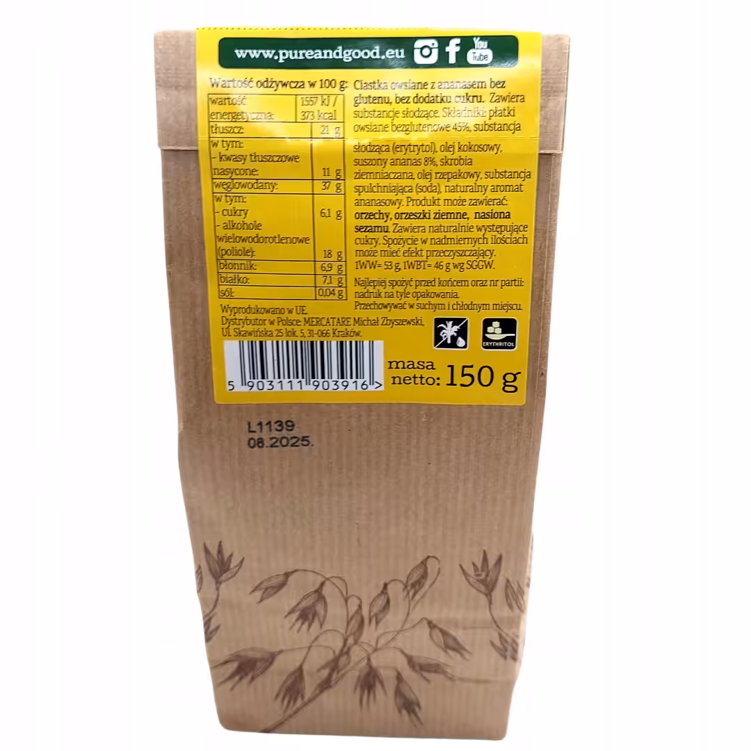 PURE&GOOD Ciastka Owsiane z Ananasem bez dodatku cukru i bez glutenu 150G - obrazek 4