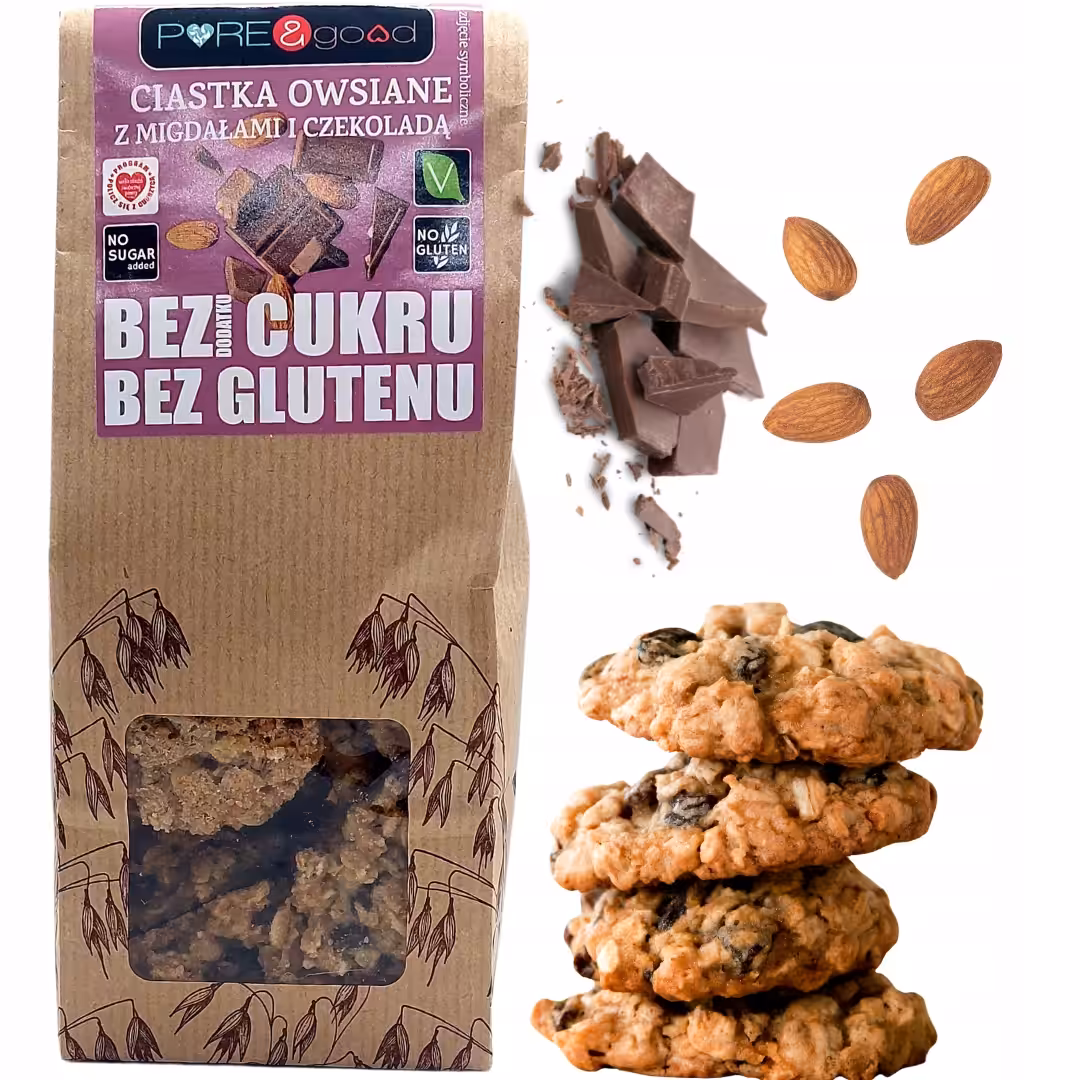 PURE&GOOD Ciastka Owsiane z Czekoladą i Migdałami bez cukru glutenu 150G