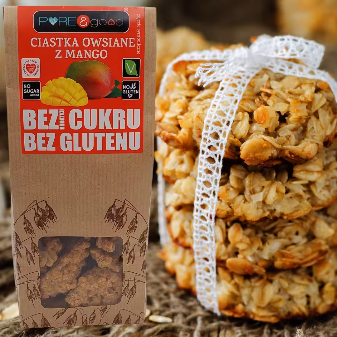 PURE&GOOD ciastka owsiane z Mango bez dodatku cukru i bez glutenu 150G - obrazek 2