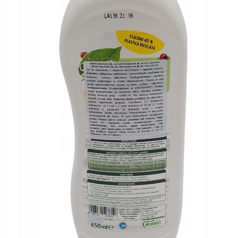 Green Emotion hipoalergiczny żel do zmywarki o świeżym zapachu cytryny 650 - obrazek 5