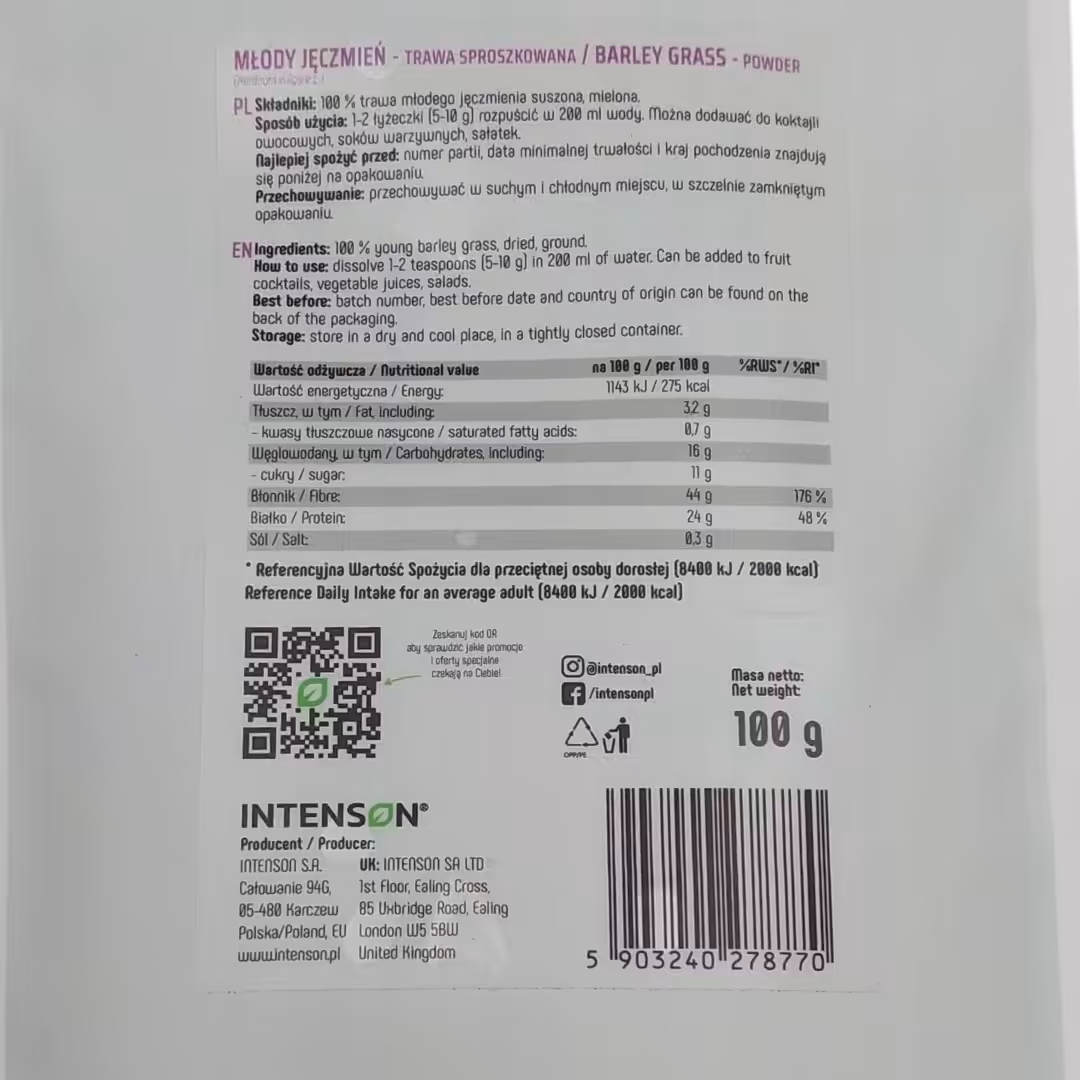 Intenson Młody Jęczmień proszek 100g, trawa młodego jęczmienia, sok z trawy - obrazek 5