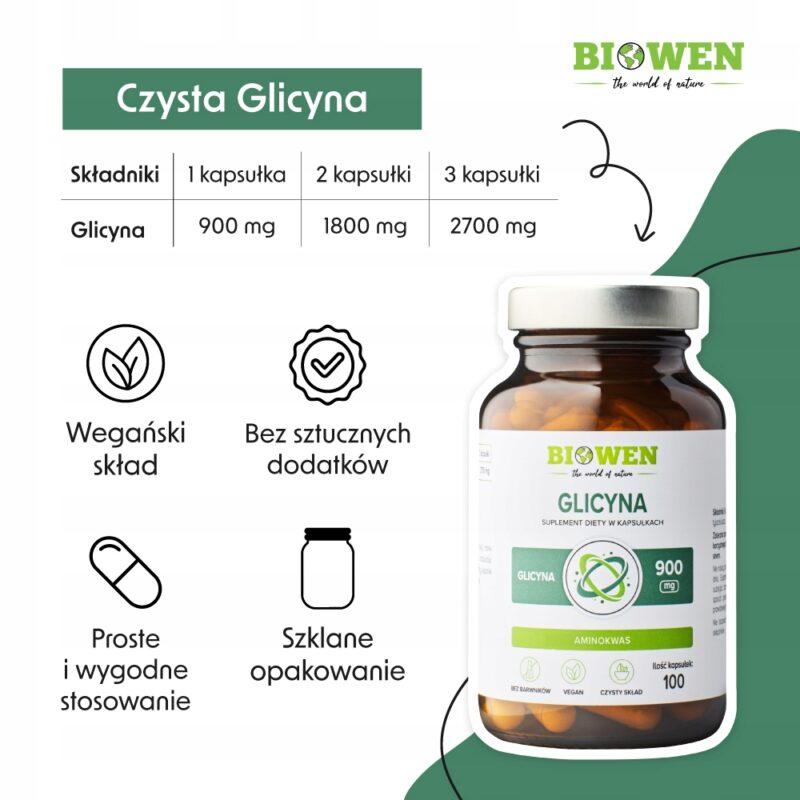 Biowen Glicyna 900mg czysta 100 kap vege sen, regeneracja i układ nerwowy - obrazek 2