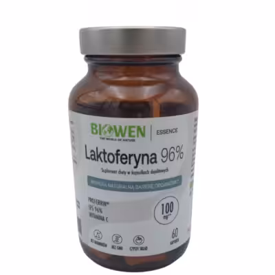 Biowen Laktoferyna 96% Proferrin z witaminą C, 100 mg, 60 kapsułek dojelitowych w szklanym słoiku