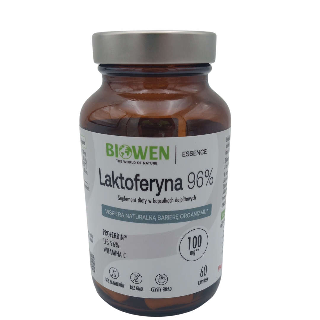 Biowen Laktoferyna 96% Proferrin z witaminą C, 100 mg, 60 kapsułek dojelitowych w szklanym słoiku