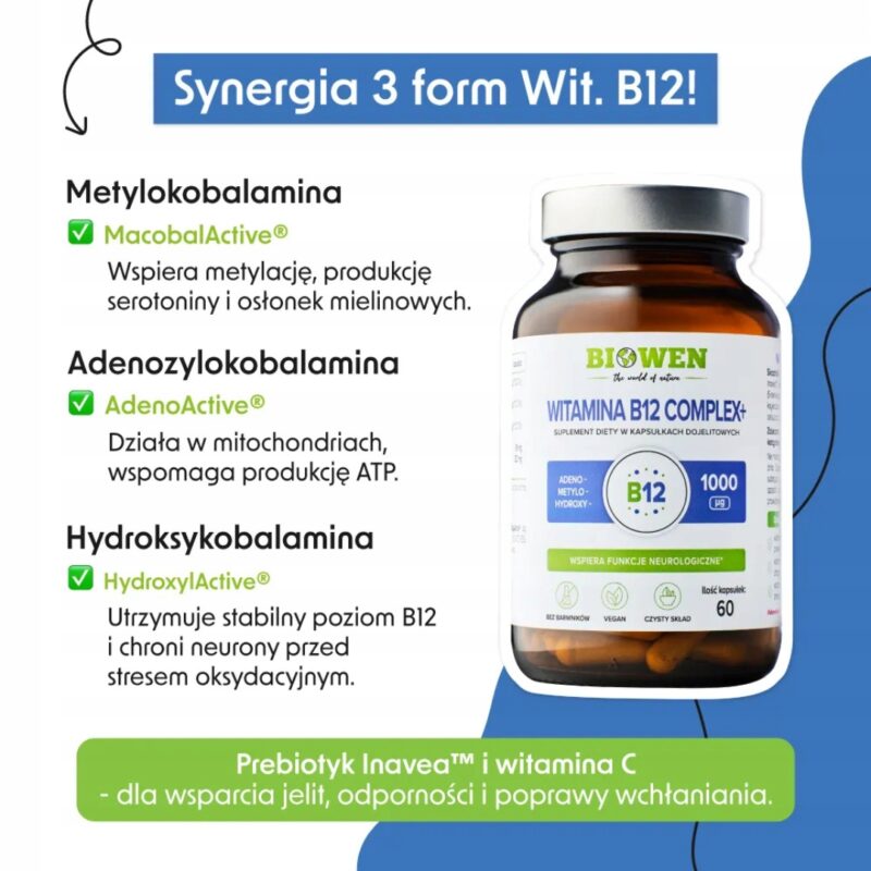 Biowen Witamina B12 Complex+ 3 bioaktywne formy B12 + witamina C i błonnik - obrazek 3